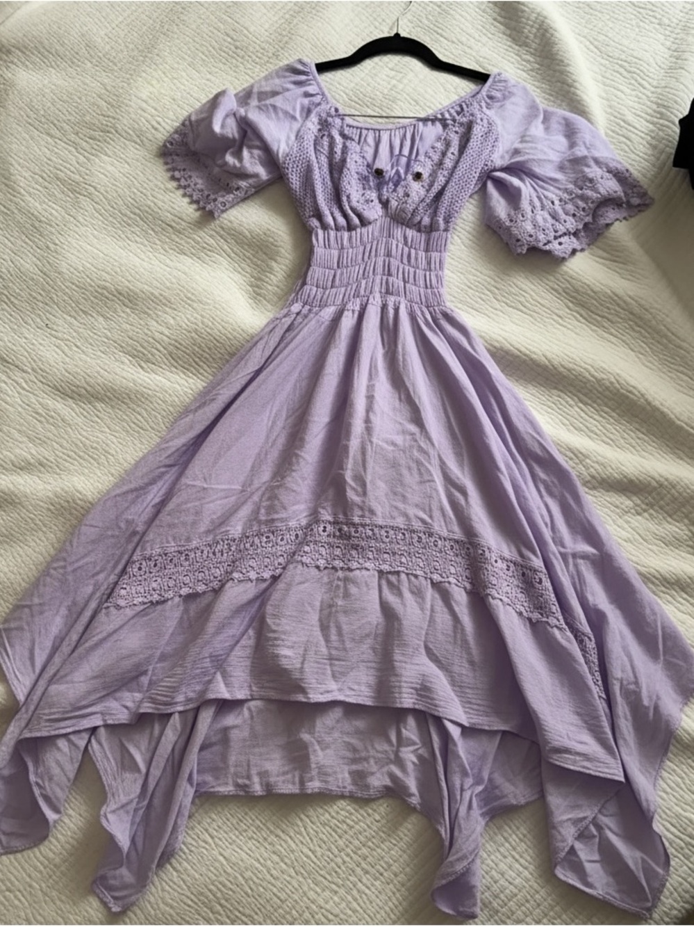 Lilac Crochet-Detail Puff Sleeve Midi Dress
